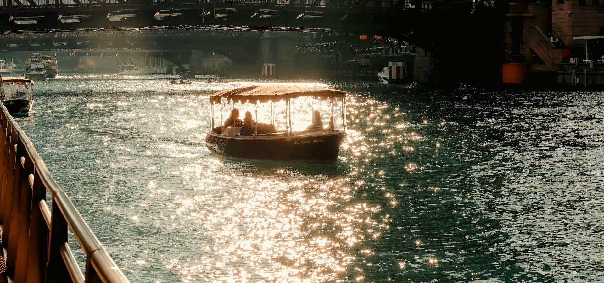 Boat on the Chicago River at golden hour